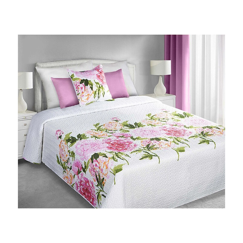 Přehoz na postel LAURA 220x240 cm bílá vzor květiny Mybesthome