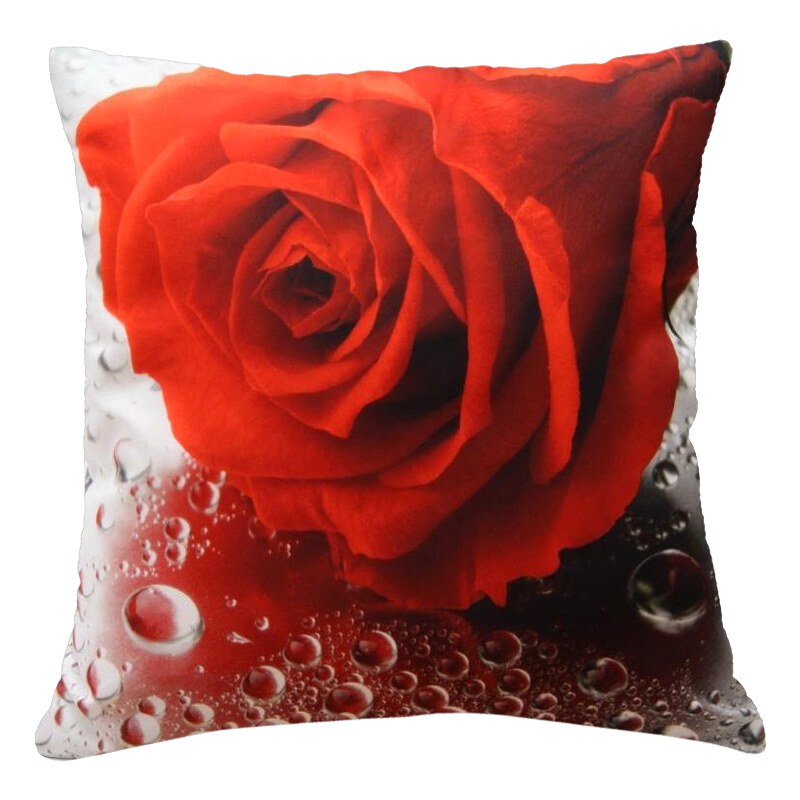 Polštář ČERVENÁ RŮŽE S KAPKAMI MyBestHome 40x40cm fototisk 3D motiv červená růže s kapkami