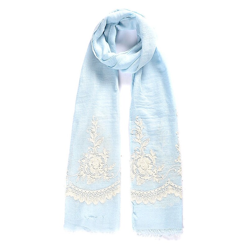 Vyšívaný šátek, šátek na krk s vyšívanými květinami INTRIGUE (1 ks skladem) modrá kouřová Dopravné zdarma!
