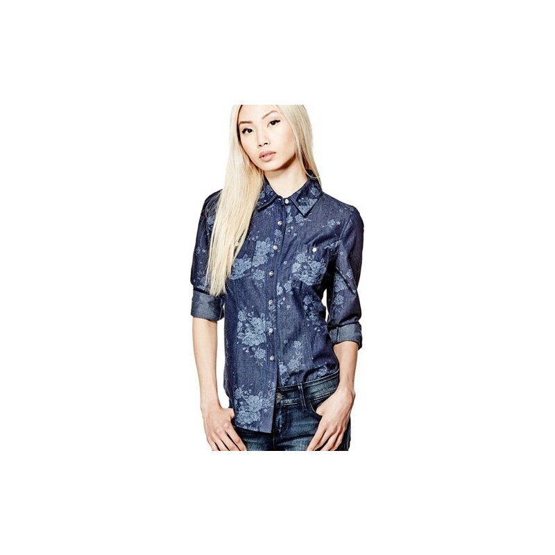 Riflová košile Guess Jane Floral-Print Denim Shirt dark indigo