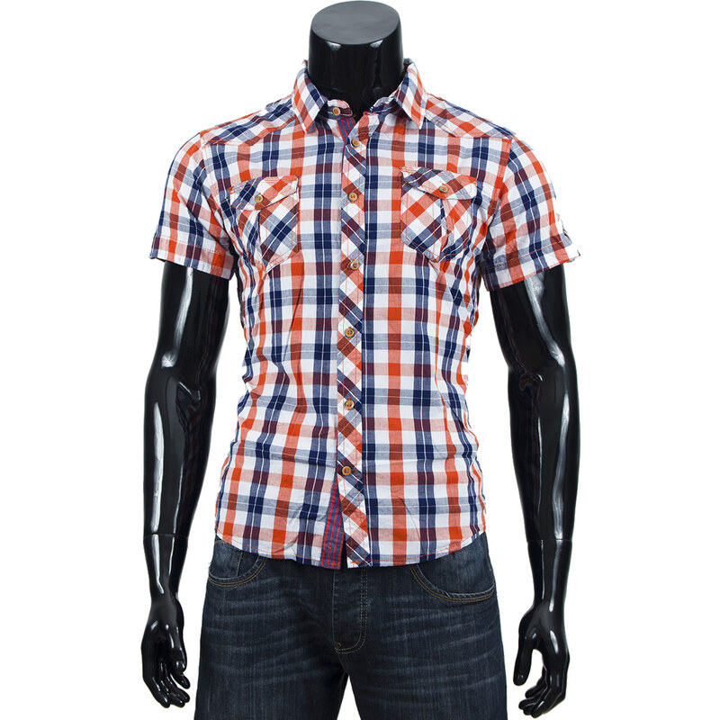 Pánská kostkovaná košile s krátkým rukávem - oranžová