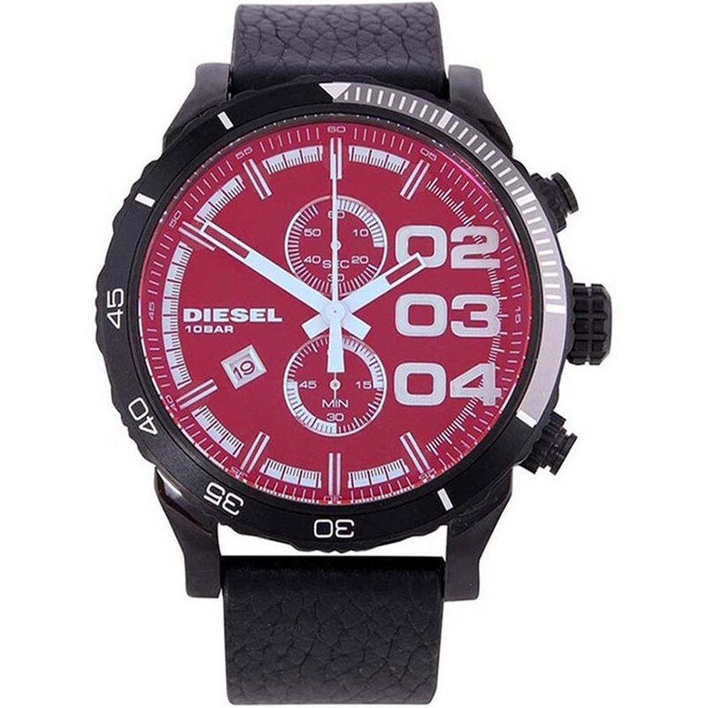 Pánské hodinky s černým koženým páskem a barevným ciferníkem Diesel