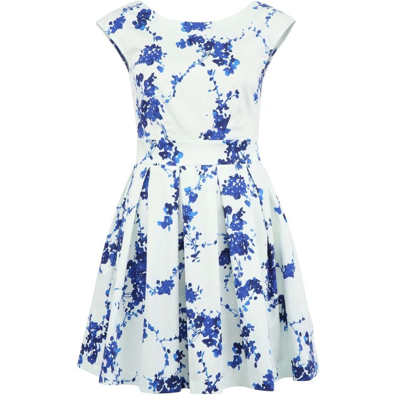 Modro-bílé květované šaty Closet Waisted Pleat