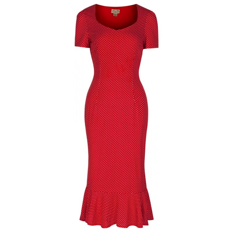 Pouzdrové červené puntíkaté šaty Lindy Bop Arabella