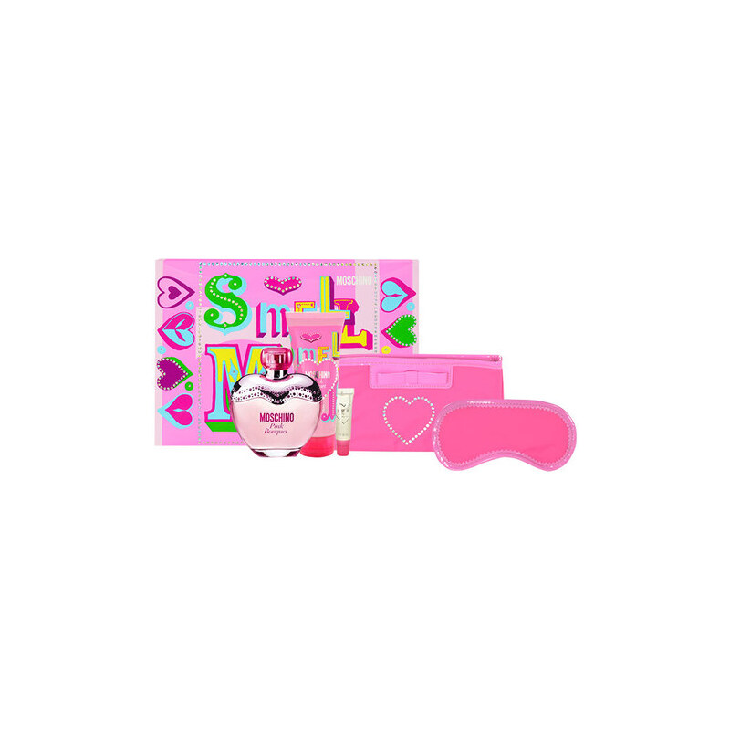 Moschino Pink Bouquet EDT dárková sada W - Edt 100ml + 100ml tělové mléko + 10ml lesk na rty + maska na spaní + kosmetická taška