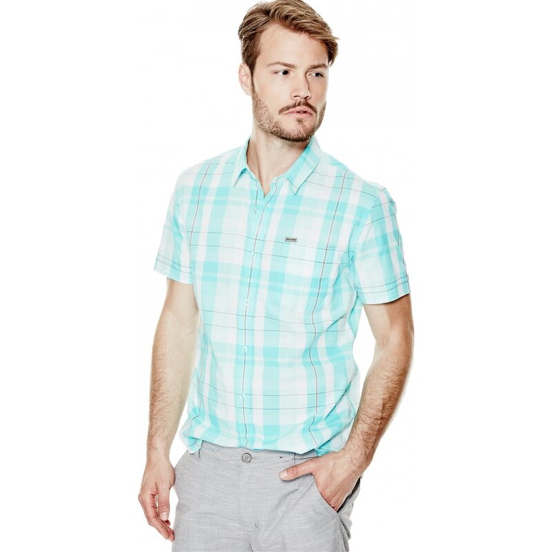 GUESS Hearth Short-Sleeve Plaid Shirt - spring mint