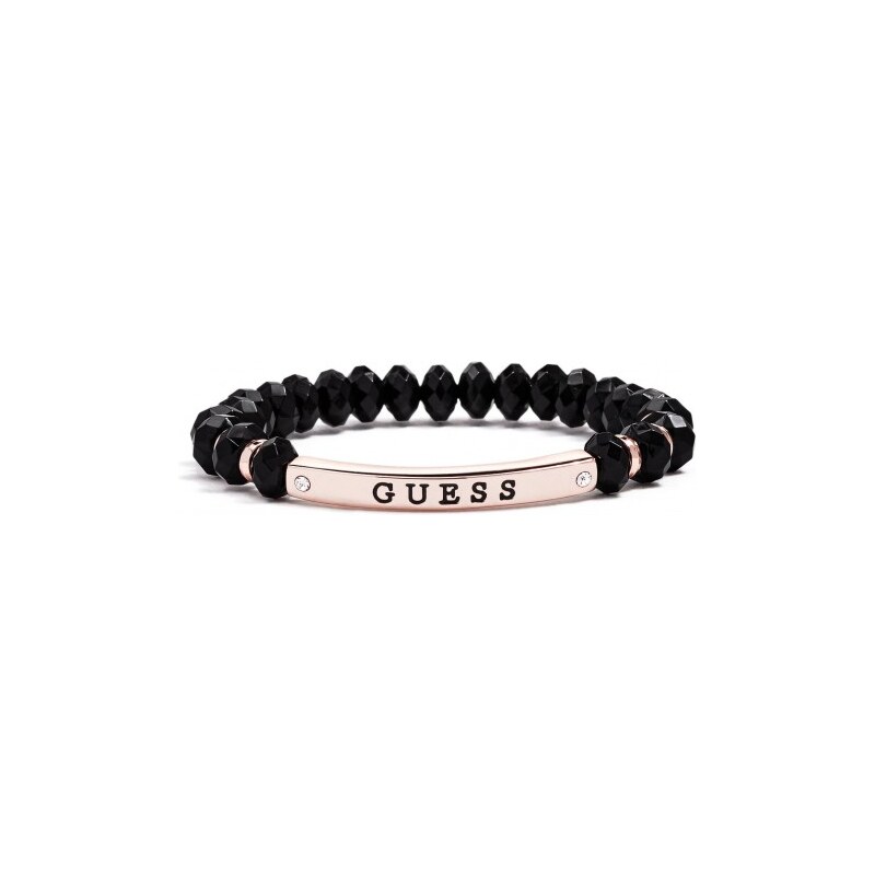 GUESS GUESS Rose Gold-Tone and Black Logo ID Plate Stretch Bracelet - black