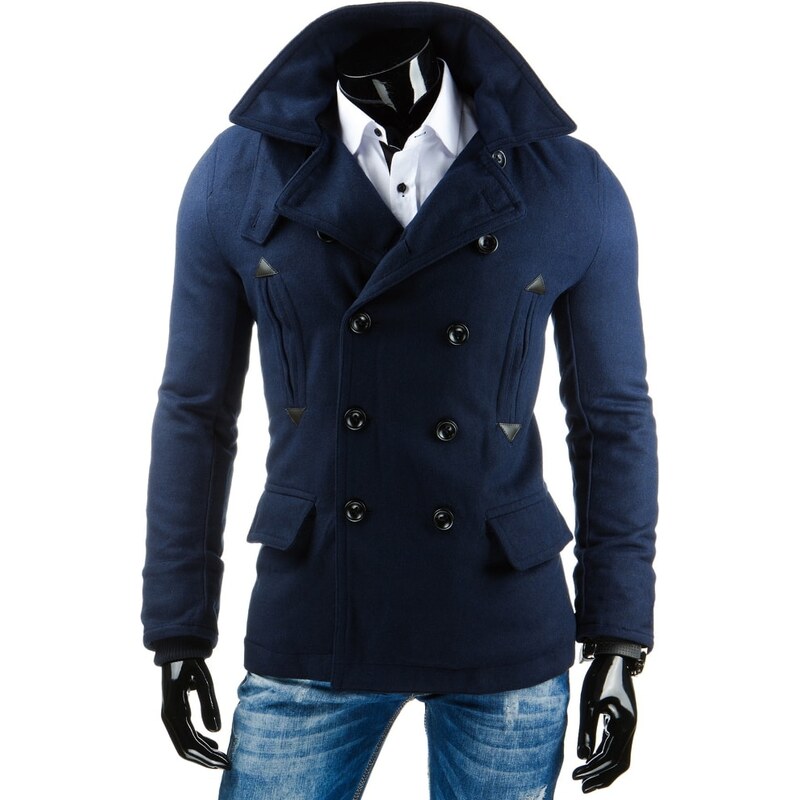 Trendy modrý pánský kabát s dvojitými knoflíky