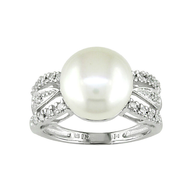 Prsten z bílého zlata s perlou a diamanty KLENOTA