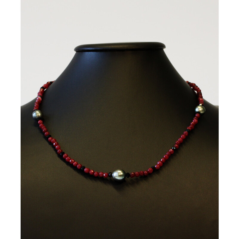 Luxusní rubínové a onyxové korálky s tahtskými perlami KLENOTA cl0057