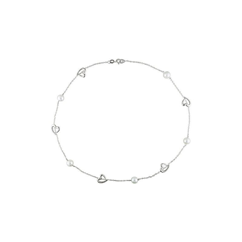 Zajímavý stříbrný náhrdelník se srdíčky a perlami KLENOTA