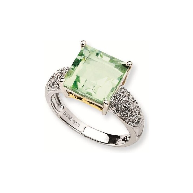 Stříbrný pozlacený prsten se zeleným ametystem a diamanty KLENOTA