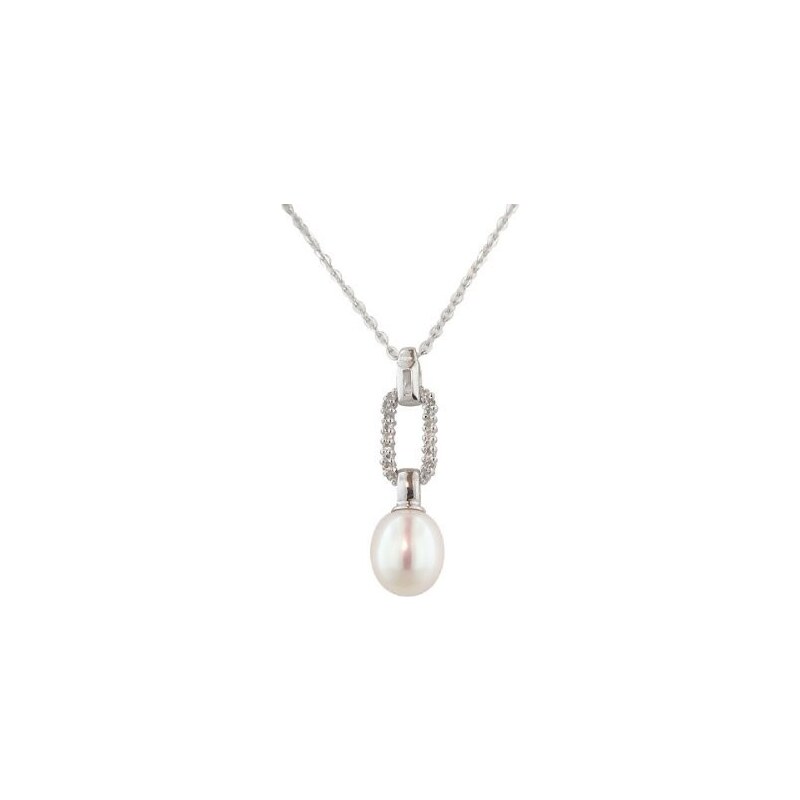 Stříbrný náhrdelník s perlou a bílými topazy KLENOTA