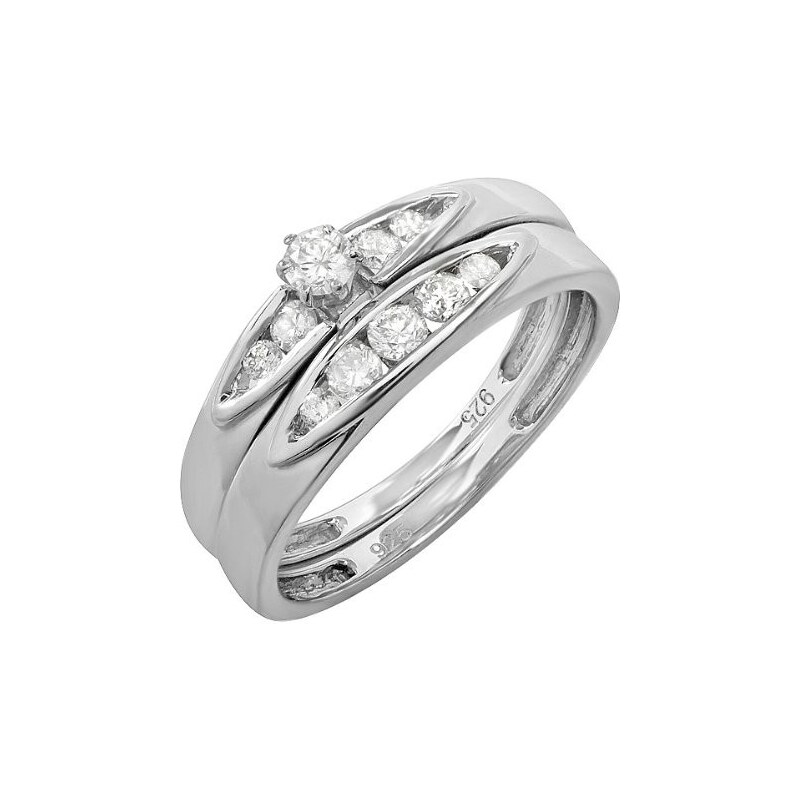 Zásnubní a snubní prsten ze stříbra s diamanty KLENOTA