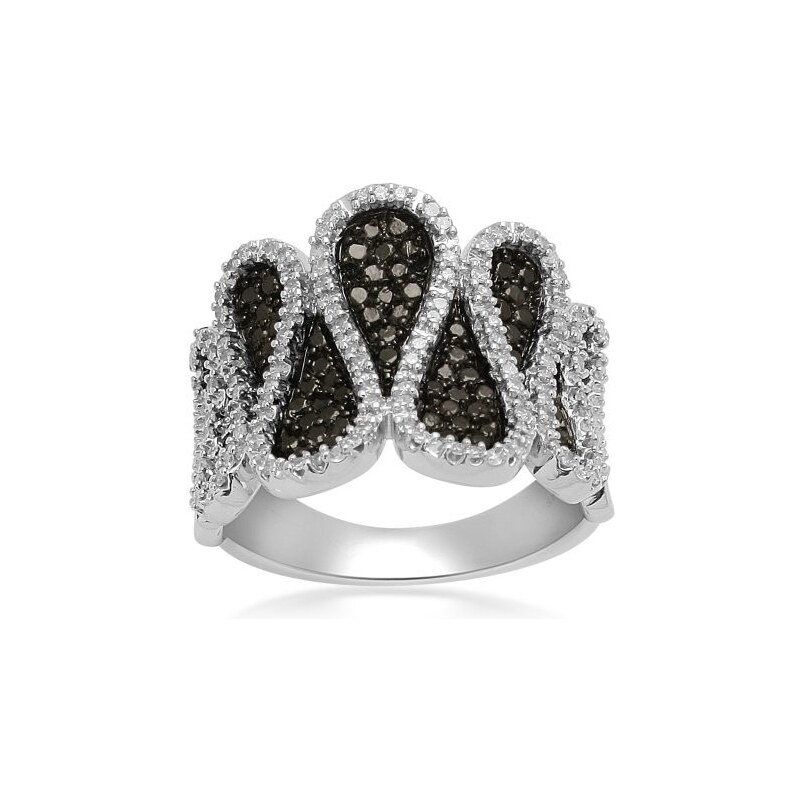 Stříbrný prsten s černými a bílými diamanty KLENOTA