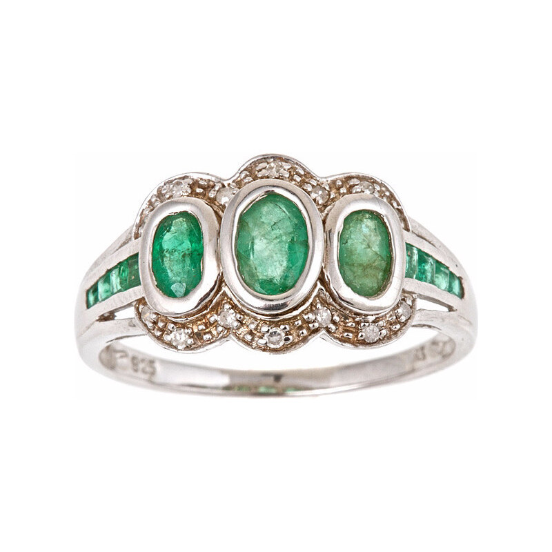Stříbrný prsten se smaragdy a diamanty KLENOTA