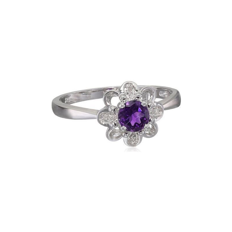 Stříbrný prsten květina s ametystem a diamanty KLENOTA