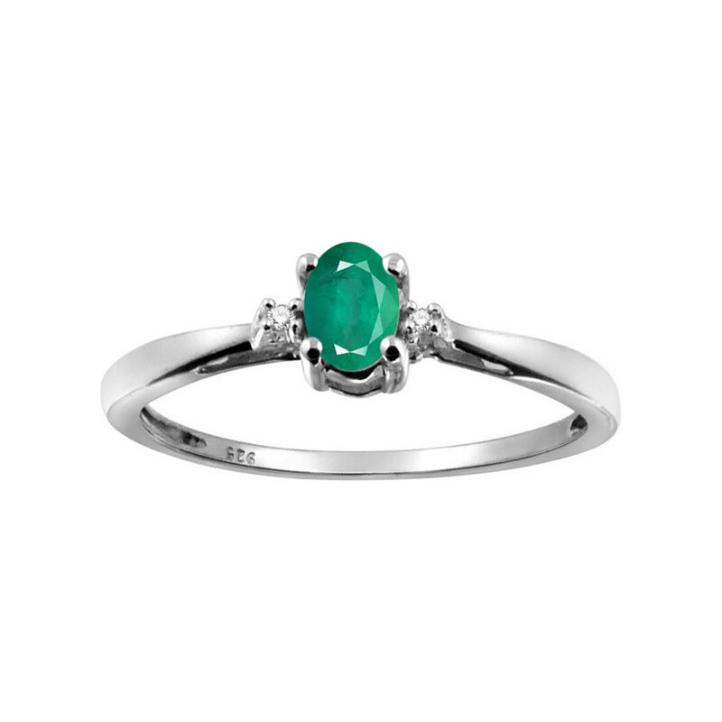 Stříbrný prsten smaragd s diamanty KLENOTA
