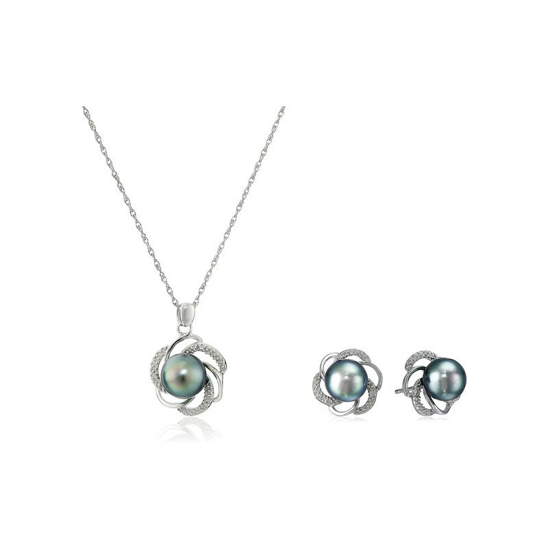 Stříbrný set s Tahitskými perlami a diamanty KLENOTA
