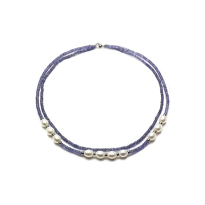 Dvojřadý náhrdelník z tanzanitů, perel a stříbra KLENOTA