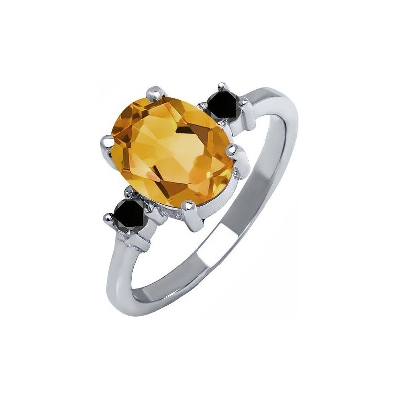 Stříbrný prsten citrín, černý diamant KLENOTA