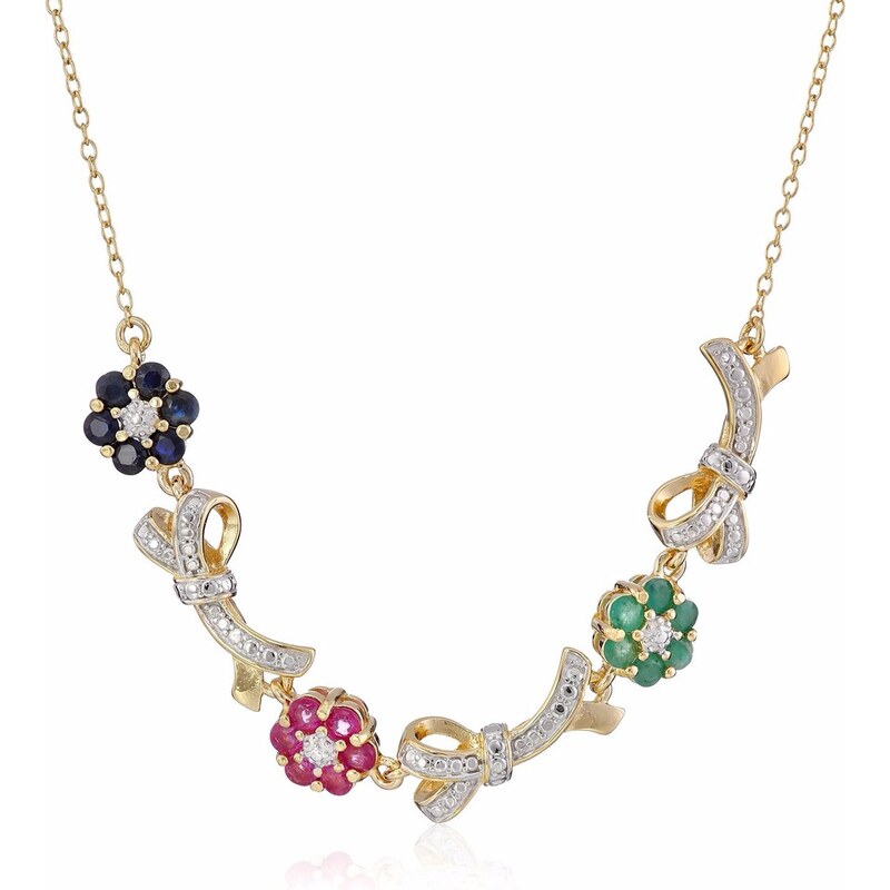 Stříbrný pozlacený náhrdelník smaragd, rubín a safír KLENOTA