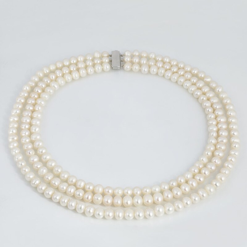 Trojřadý perlový náhrdelník, bílé zlato KLENOTA