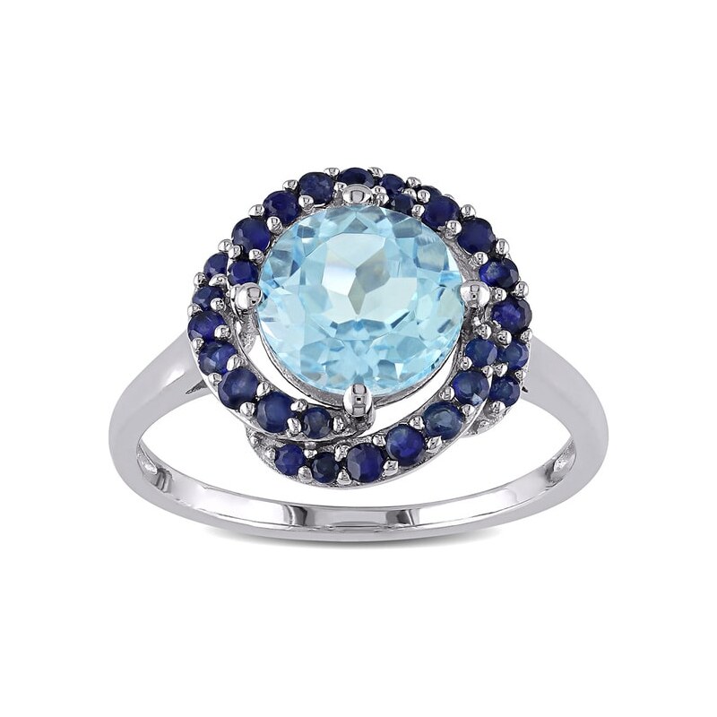 KLENOTA Stříbrný prsten s modrým topazem a safíry