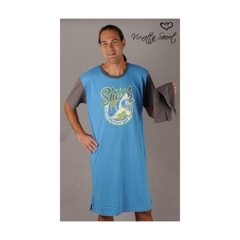 Vienetta Secret Pánská noční košile s krátkým rukávem Žralok - tyrkysová/šedá