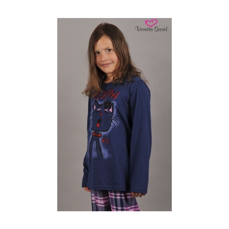 Vienetta Secret Dětské pyžamo dlouhé Kočka - tmavě modrá