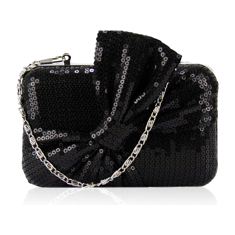 LS fashion Společenská černá flitrová kabelka s mašlí a řetízkem