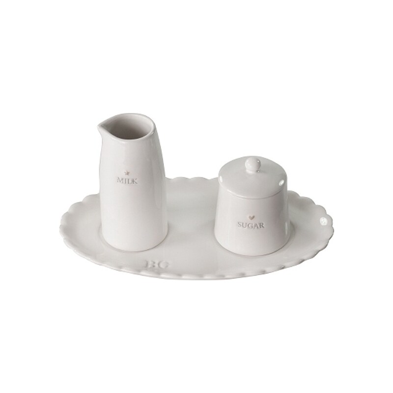 Bastion collections - Set na mléko, cukr s podtáckem bílý, nápis šedý - (RJ-MILK-SUGAR-W-GR)