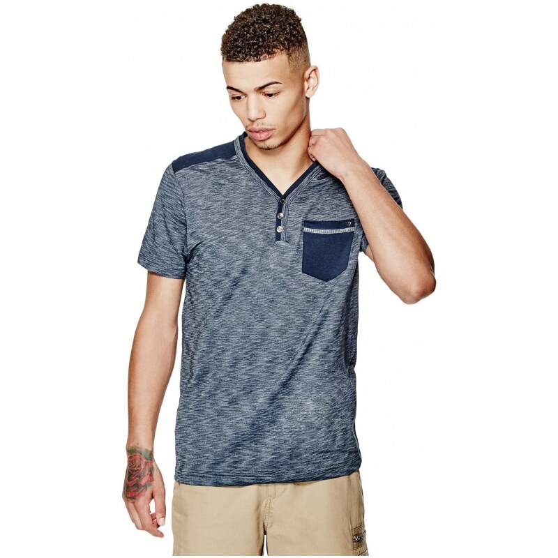GUESS GUESS Ronny Short-Sleeve Marled Henley - blue