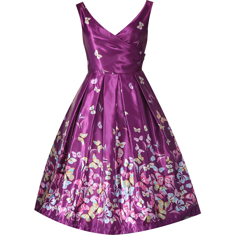 LINDY BOP Dámské retro šaty Aurora Purple s motýlky Velikost: 36