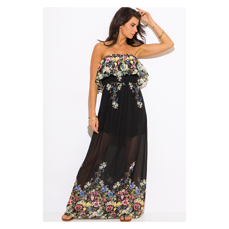 Dlouhé letní šaty s květy černá