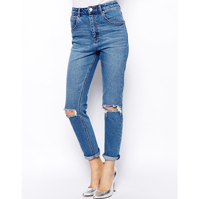 ASOS Farleigh High Waist Slim Mom Jeans in Mid Wash Blue with Busted Knees - Blue