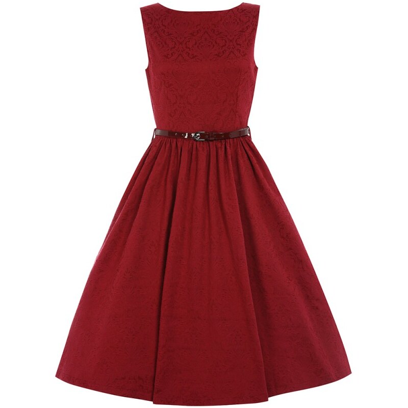 Lindy Bop Audrey brokátové retro šaty, temně červené