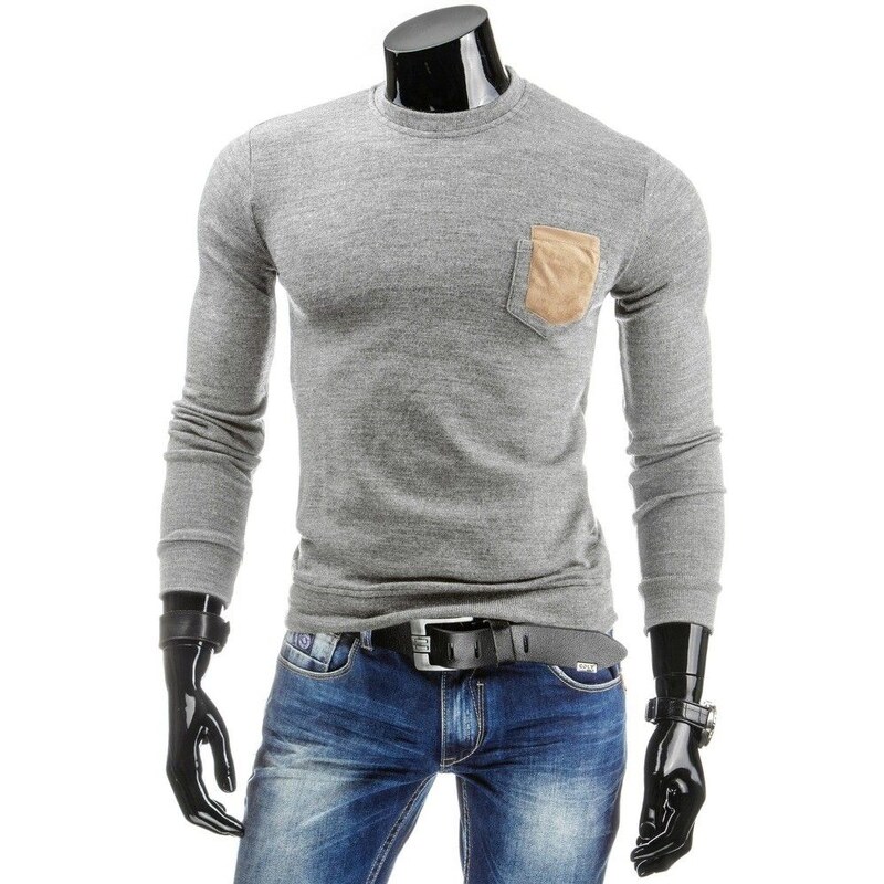 Strojný šedý pánský svetr s kapsou na hrudi