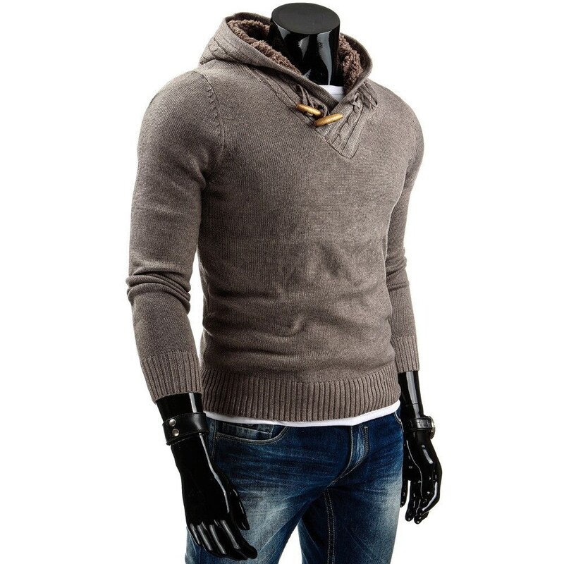 Moderní hnědý pánský svetr s kapucí