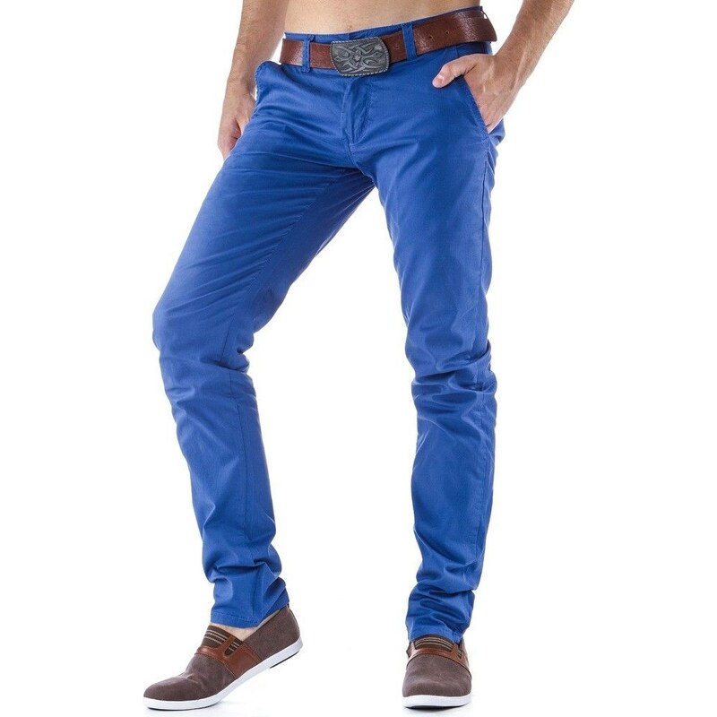 Sytě modré chinos kalhoty se sníženými kapsami