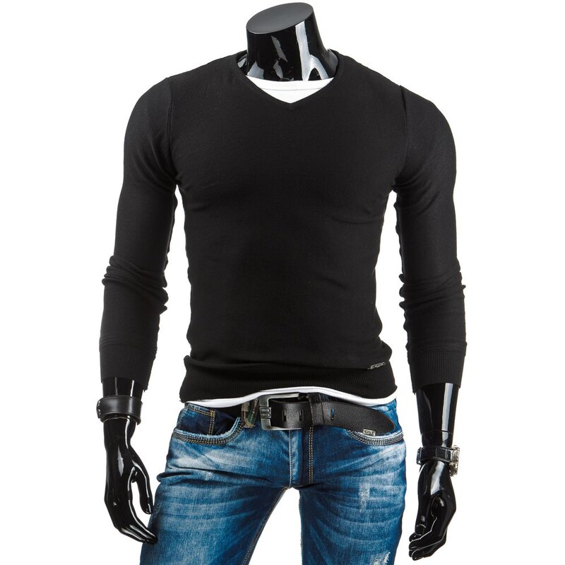 Černý pánský svetr s jemným vzorkem a záplatami