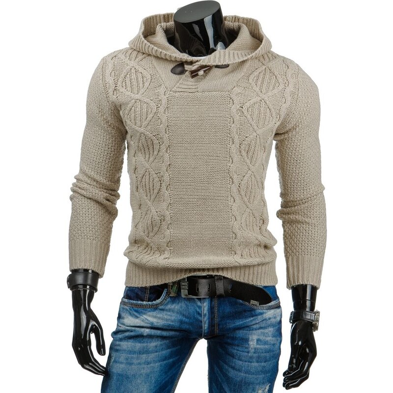 Módní béžový svetr s pleteným vzorem a kapucí