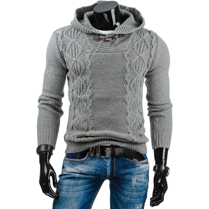 Módní šedý svetr s pleteným vzorem a kapucí