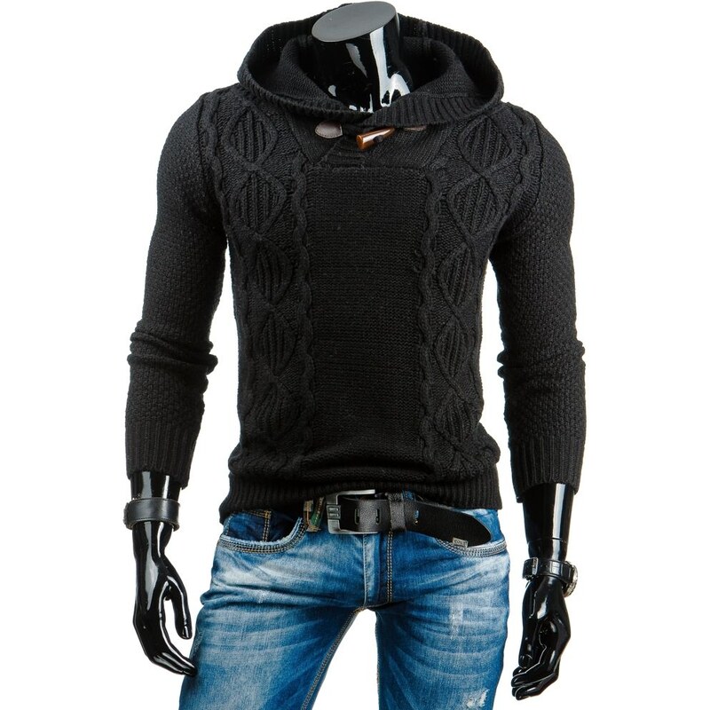 Módní černý svetr s pleteným vzorem a kapucí