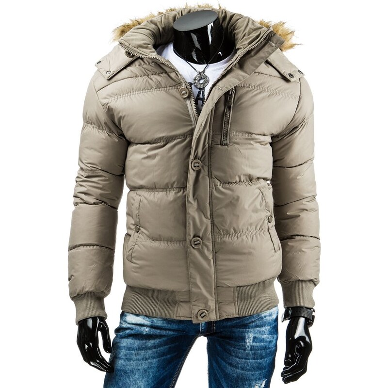 Béžová zimní pánská bunda s kožešinovou kapucí