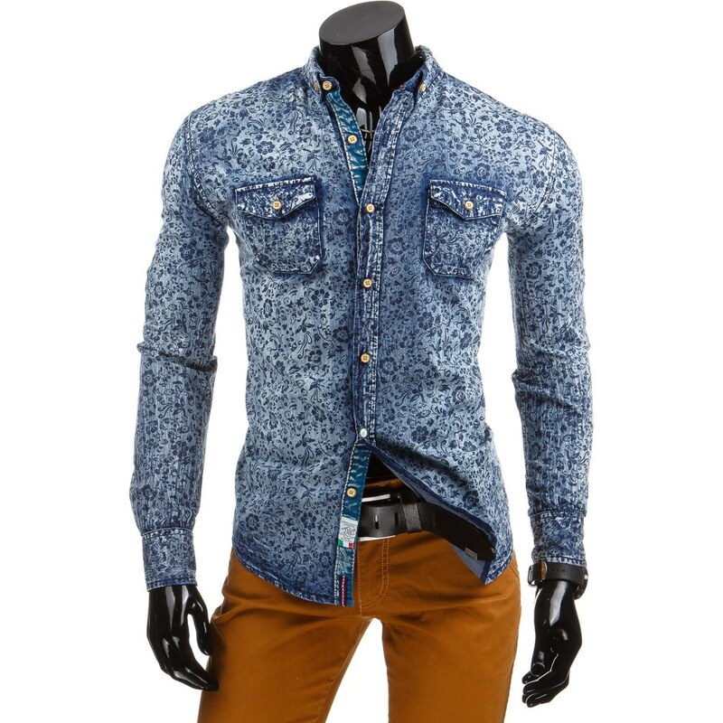 Jeansová pánská košile s květinovým vzorem