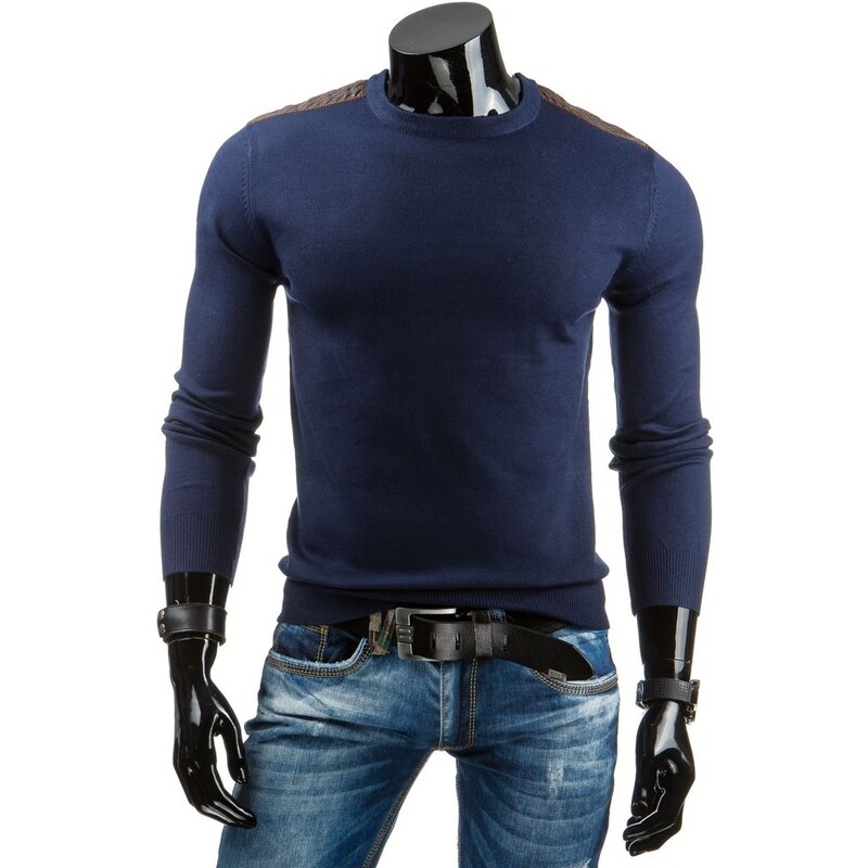Tmavě modrý stylový svetr s hnědými nášivkami na ramenou