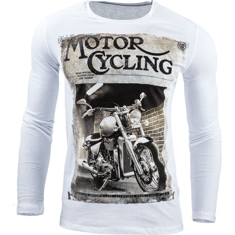 Bílé pánské tričko MOTORCYCLING s dlouhými rukávy