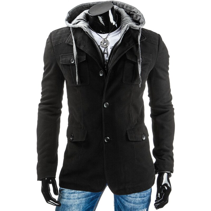 Černý pánský kabát na knoflíky s kapucí