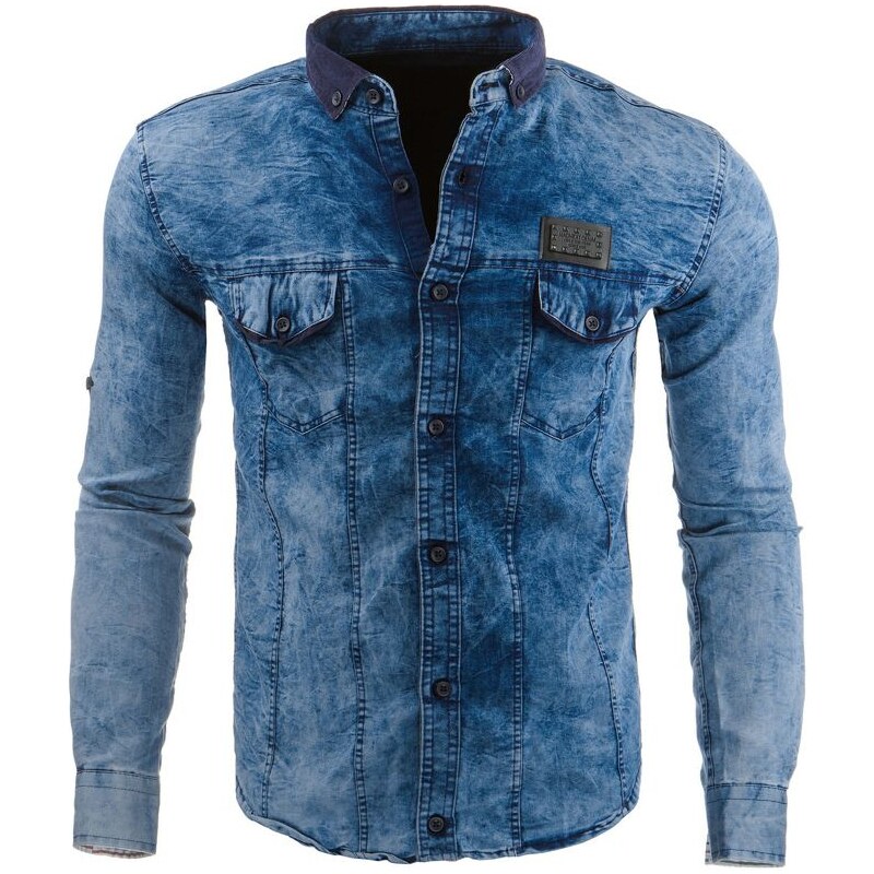 Pánská džínová slim košile s tmavě modrým límečkem